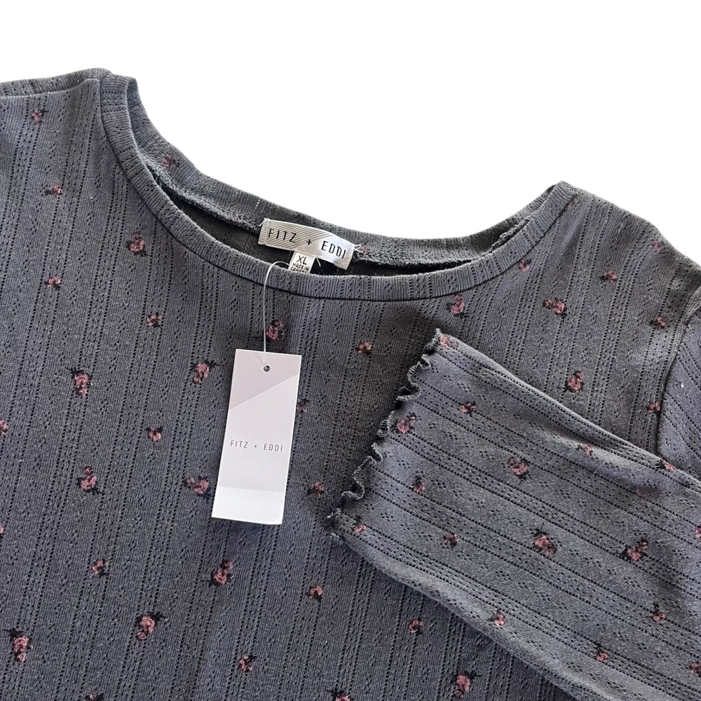 Fitz + Eddi Women XL Grey Pink Floral Long Sleeve Cropped Ribbed Lettuce Hem Top